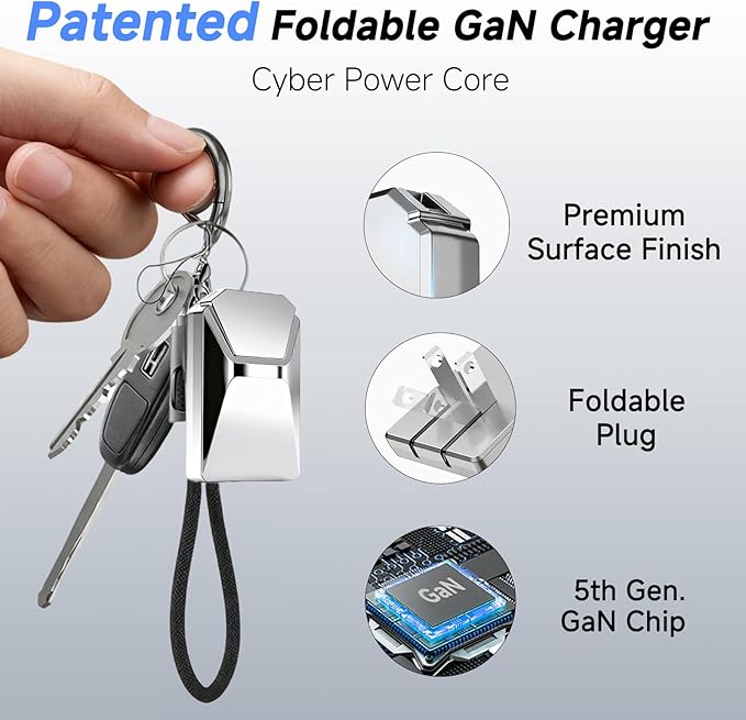 USB C Charger for iPhone 16/15 Charger Fast Charging,GaN Keychain Design Fast Wall Charger Block with USB C to C & C to Lightning Cable, Christmas Gift for Men,Foldable and Compact for iPhone(Silvery)