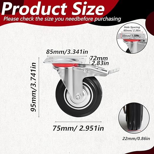 3 Inch Caster Wheels Set of 4, Heavy Duty Casters with Brake, Rubber Locking Casters for Cart, Workbench,Black (3" 4Pack with Brake, 8)
