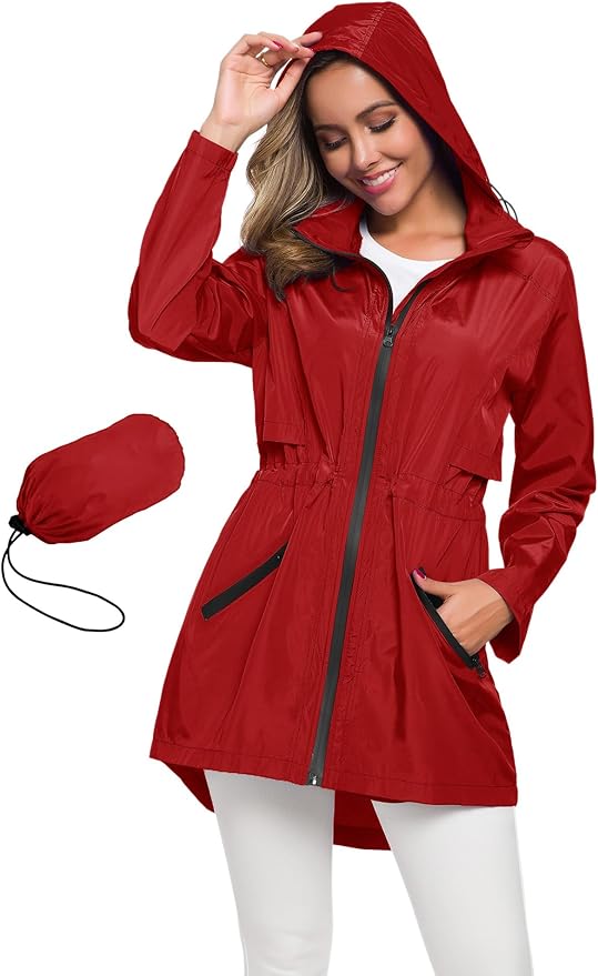 Avoogue Women's Long Raincoat with Hood Outdoor Lightweight Windbreaker Rain Jacket Waterproof