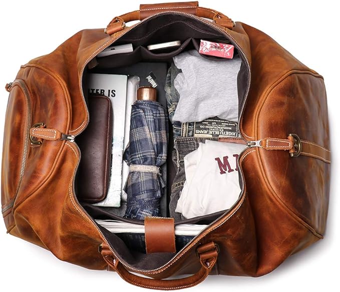 24 Inch Leather Travel Weekend Luggage Bag, Mens Duffle Retro Carry on Handbag (Brown)