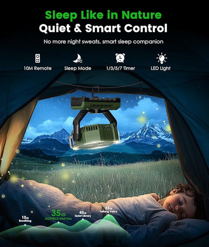 Camping Misting Fan - Portable Rechargeable Fan with 9oz Tank, Light, Hook - Battery Power 120H MAX Working, Fast Cooling, 4 Speed, Timer, Sleep Mode, for Outdoor, Travel, Patios, Beach