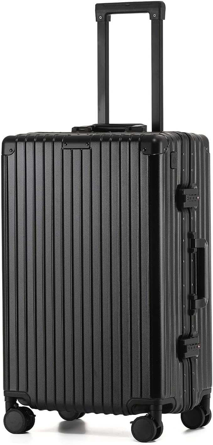 24 Inch Aluminum Frame Checked Travel Luggage with Spinner Wheels,Zipperless Hard Shell Suitcases with TSA Approved USB Port,Cup & Phone Holder for Women Men,Black
