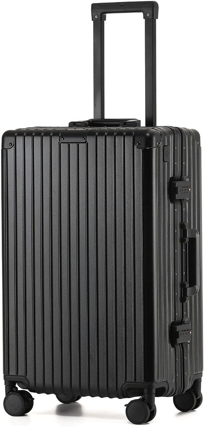 24 Inch Aluminum Frame Checked Travel Luggage with Spinner Wheels,Zipperless Hard Shell Suitcases with TSA Approved USB Port,Cup & Phone Holder for Women Men,Black