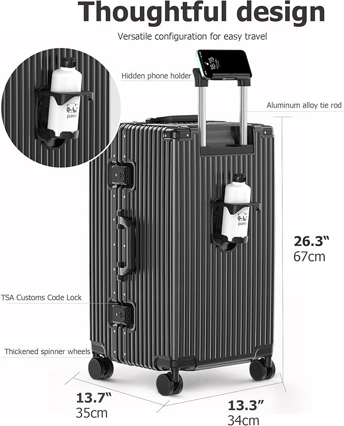 feilario 26in Aluminum Frame Hardside Spinner Wheels Luggage, Zipperless Checked Super Large Captain Suitcase with Cup Holder/Phone Holder