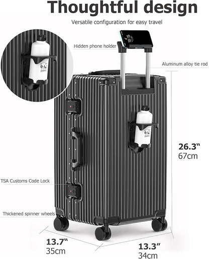 feilario 26in Aluminum Frame Hardside Spinner Wheels Luggage, Zipperless Checked Super Large Captain Suitcase with Cup Holder/Phone Holder