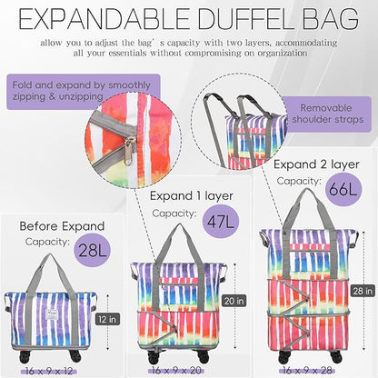 VOOWO Rolling Duffel Bag - Foldable Expandable Duffle With Wheels for Travel, Luggage Carry On, Large Backpack Weekend Bag for Men Women (Rainbow)