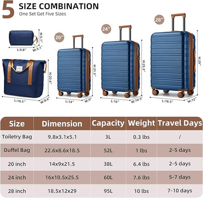 LARVENDER Luggage Sets 5 Piece Hardside Expandable Suitcase with Wheels Lock,Hardside Lightweight Rolling Suitcase for Women and Men,Navy Blue