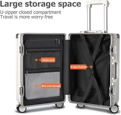 feilario 20in Aluminium Frame Zipperless PC Hard Shell Spinner Wheels Luggage, Built-In TSA lock Carry on Suitcase, with Cup Holder, USB Port, Phone Holder