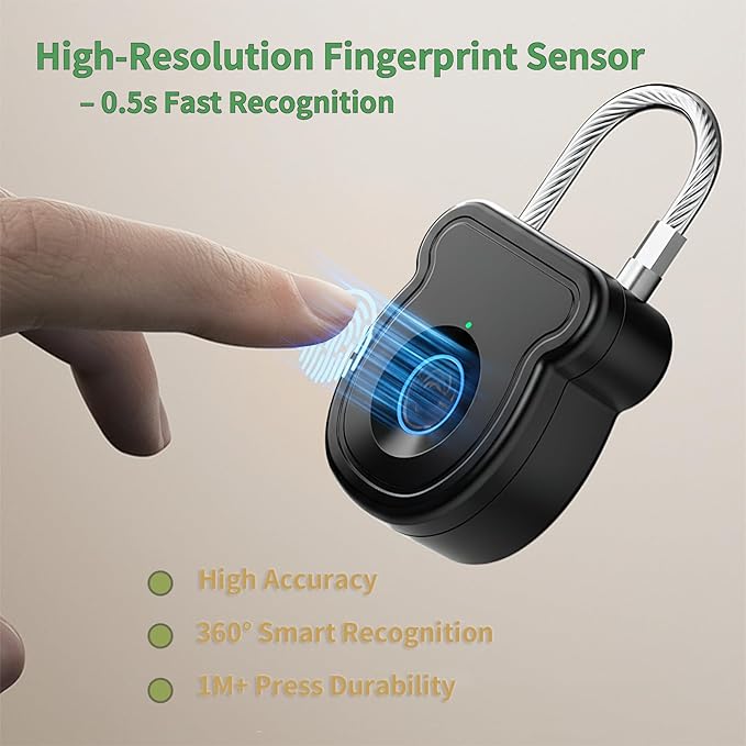 2026 Upgrade Smart Fingerprint Padlock - Keyless Lock with High-Resolution Sensor, 0.5s Unlock, 365-Day Battery, USB Emergency Key for Gym Lockers, Luggage, Backpacks & Gates(Black)
