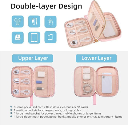 Electronics Organizer Travel Case, Charger Bag Cord Organizer Travel, Compact Tech Pouch Cable Organizer Bag for Charger, Cords, Phone, Headphones, Flash Drive, SD Card (Pink, Small-Double Layer)
