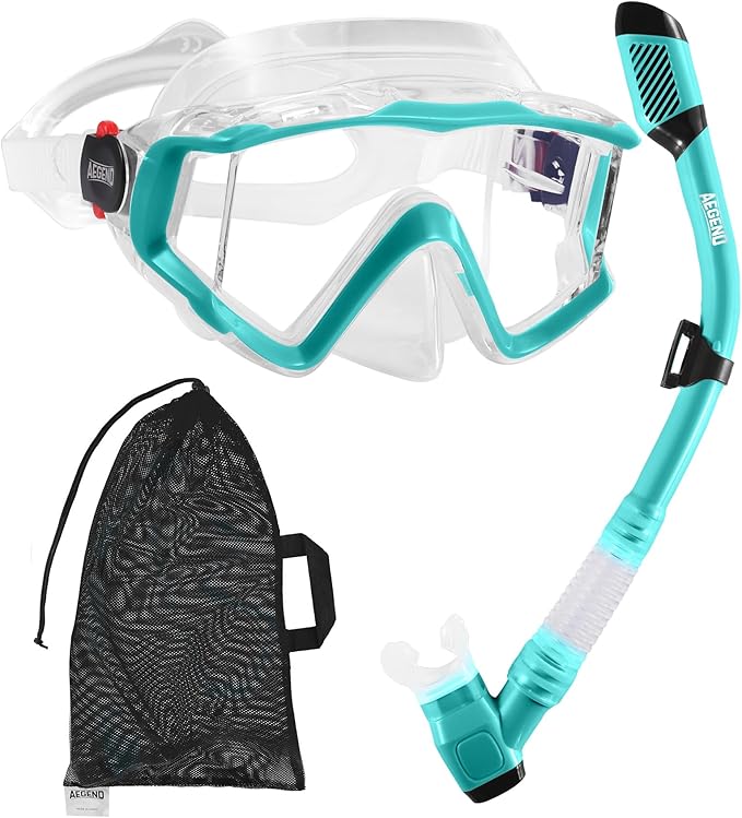 Aegend Snorkeling Gear for Adults Youth Kids, Dry Snorkel Set Panoramic View Enhanced Anti-Leak and Anti-Fog Technology, Adjustable Strap for Snorkeling Scuba Diving Swimming with Mesh Bag