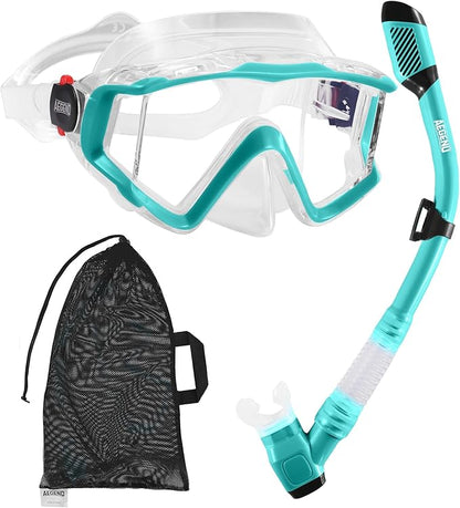 Aegend Snorkeling Gear for Adults Youth Kids, Dry Snorkel Set Panoramic View Enhanced Anti-Leak and Anti-Fog Technology, Adjustable Strap for Snorkeling Scuba Diving Swimming with Mesh Bag