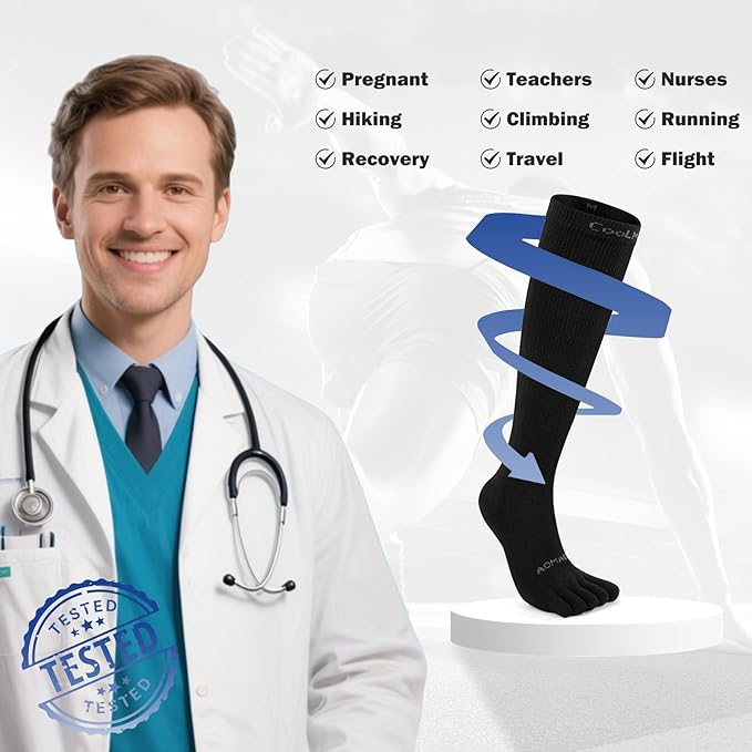 Compression Toe Socks Knee High Coolmax Hiking Socks Graduated Support for Running,Travel,Flight