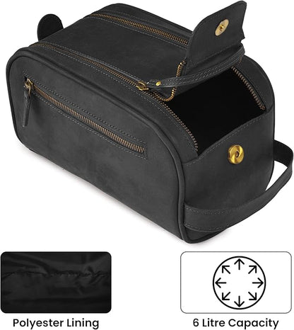 mds Genuine Leather Toiletry Bag for Men - Unisex Rustic Classic Vintage Handcrafted Full-Grain Leather Travel Dopp Kit with Waterproof Lining & Handle, Shaving & Grooming Kit Organizer Pouch - Black