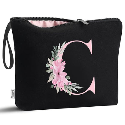 Vavabox A-Z Personalized Makeup Bag, Birthday Gifts for Women Mom, Gifts for Best Friend, Bride Bridesmaid Cosmetic bag (C, Black)