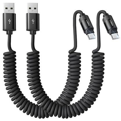 LISEN Coiled USB C Cable, 2 Pack for Android Auto & CarPlay Cable, Short USB A to USB C Cable Compatible with iPhone 17/16/15, Samsung Galaxy S25/S24/S23 A15/A14, Google Pixel 9/8, Space Black 6FT