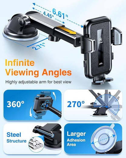 VANMASS 【85+LBS Strongest Suction & Military-Grade Ultimate Car Mount【Patent & Safety Certs】 Cell Phone Holder Truck Stand for GPS Vehicle Dashboard Windshield Vent for iPhone Samsung, Clear Black