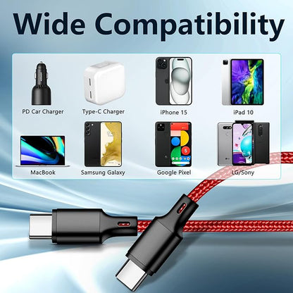 cugunu USB C to USB C Charger Cable, Nylon Braided 3Pack 60W 6.6FT Type C Fast Charging Cord Compatible for iPhone 15/16/17/Pro/Max/Plus, iPad, Air5, MacBook, Samsung, Google-Red