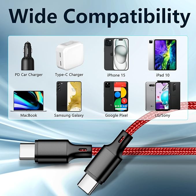 cugunu USB C to USB C Charger Cable, Nylon Braided 3Pack 60W 10FT Type C Fast Charging Cord Compatible for iPhone 15/16/17/Pro/Max/Plus, iPad, Air5, MacBook, Samsung, Google-Red
