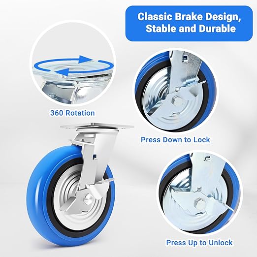 W B D WEIBIDA 8 Inch Heavy Duty Casters Set of 4, Smooth Rolling Caster Design for Cart Wheels, 6000 LBS Industrial Grade Castors with Upgraded Thickened Bracket, Durable Castors (4 Brake)