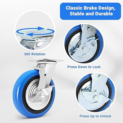W B D WEIBIDA 8 Inch Heavy Duty Casters Set of 4, Smooth Rolling Caster Design for Cart Wheels, 6000 LBS Industrial Grade Castors with Upgraded Thickened Bracket, Durable Castors (4 Brake)
