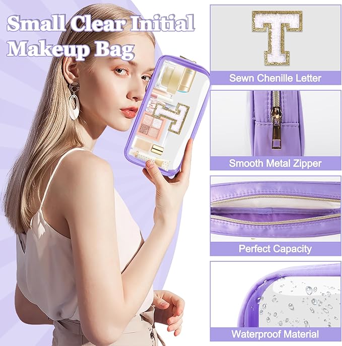Small Clear Personalized Initial Makeup Bag,Preppy Nylon A-Z Chenille Letter Patch Makeup Organizer TSA Approved Travel Toiletry Bag,Waterproof Zip Beach Cosmetic Pouch Purse for Women(Purple-White T)