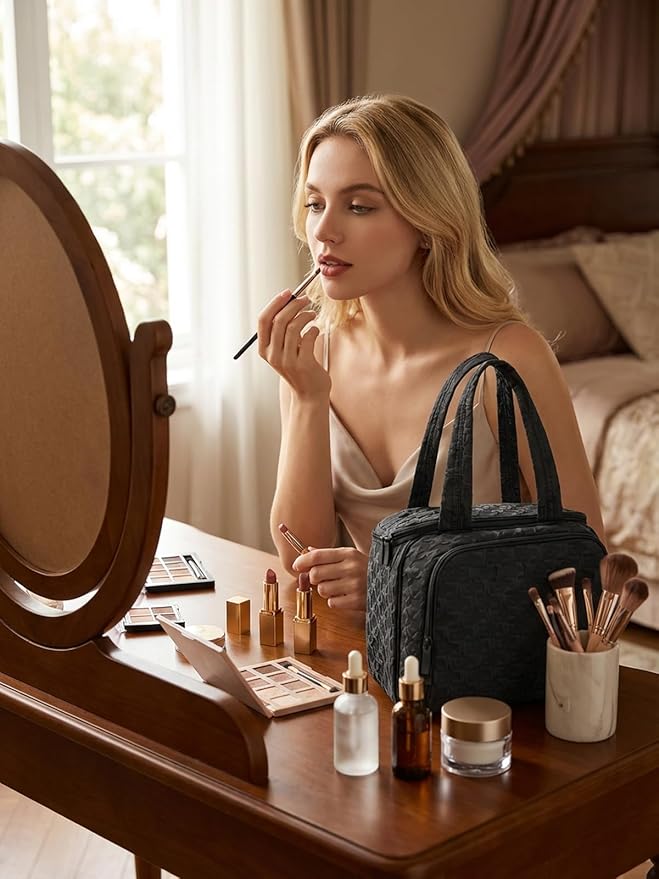 SMONT Travel Toiletry Bag for Women Hanging Makeup Organizer Toiletry Bag Essentials for Women Makeup Bag/Big Compartment, Waterproof,with Multiple Pockets, Ideal for Travel, Gym, School, Black