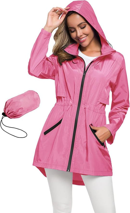 Avoogue Women's Long Raincoat with Hood Outdoor Lightweight Windbreaker Rain Jacket Waterproof