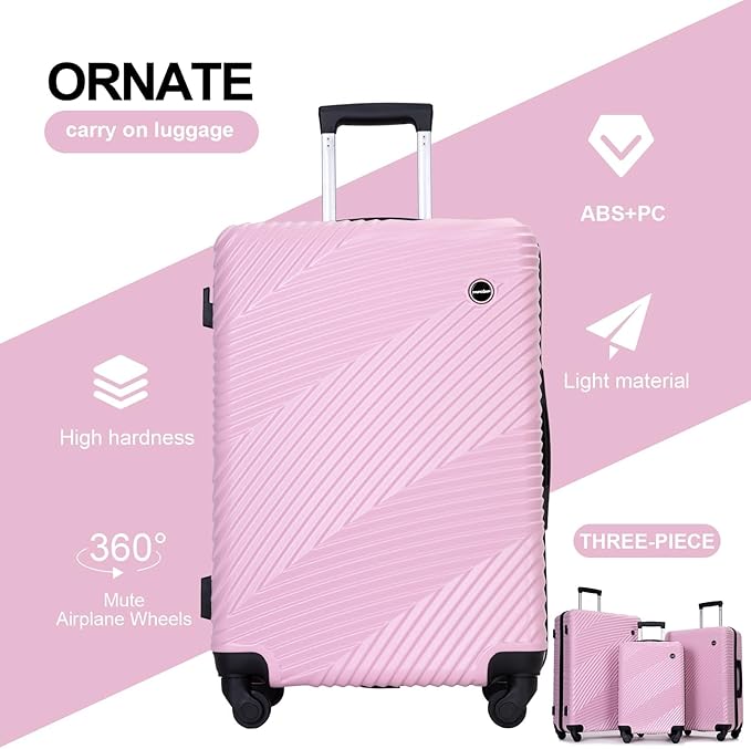 Luggage Sets 3 Piece, Hardside PC ABS Suitcase Set with Spinner Wheels, Lightweight Travel Carry-on and Checked Luggage, 3-Piece Set(20/24/28), Sakura Pink