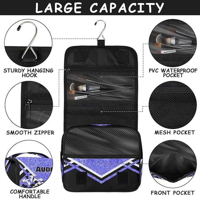 Personalized Hanging Toiletry Bag for Women, Large Capacity Cheerleading Travel Custom Name For Mothers Day, Birthday, Anniversary, Wedding, Light Blue Glitter Black