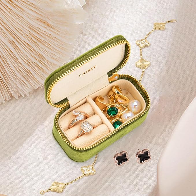 TAIMY Small Travel Jewelry Case, Mini Tiny Plush Velvet Jewelry Box for Women and Girls, Pocket Size Jewelry holder organizer for Rings Earrings and Small Items(Lime Green)