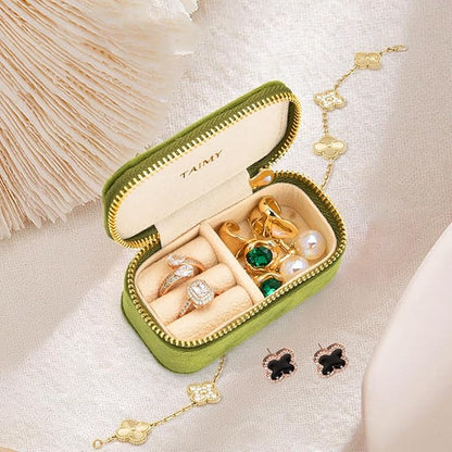 TAIMY Small Travel Jewelry Case, Mini Tiny Plush Velvet Jewelry Box for Women and Girls, Pocket Size Jewelry holder organizer for Rings Earrings and Small Items(Lime Green)