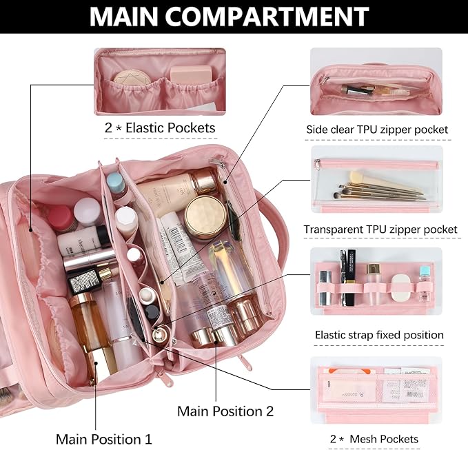 Travel Makeup Bag Large Capacity Cosmetic Organizer Bag for Women,Flat-Opening Make Up Case Travel Bag Waterproof Toiletry Bag for traveling,Toiletries,Essentials,Accessories,Pink