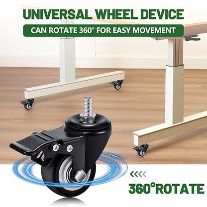 Set of 20 M8 Caster Wheels 2 Inch M8 x 15 mm Swivel Threaded Stem Caster Locking Standing Desk Wheels Heavy Duty 360° Polyurethane with Dual Brake, No Noise, 400 lb for Cart Desk Furniture