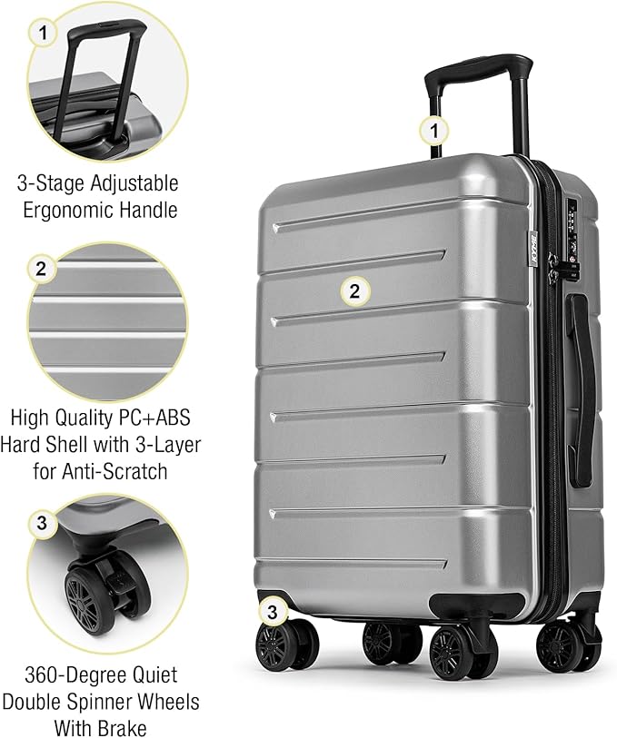 KYME Luggage Sets 3 Piece Hard Shell 22in/26in/30in Suitcases with Wheels Hardside Suitcase Set with TSA Lock Travel Rolling Luggage Set for Women Men Silver Grey