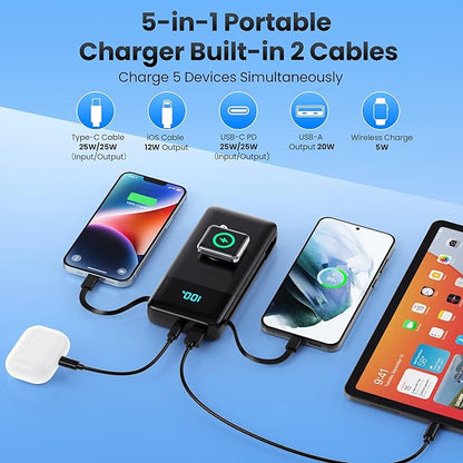 Portable Charger 40800mAh for iPhone with Built-in Cable and iWatch Charger, 25W PD Fast Charging USB C Power Bank,Travel Camping Essentials Battery Pack for iPhone 17/16/15/14/13,Android,Apple Watch
