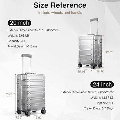 All Aluminum Carry On Luggage 22x14x9 Airline Approved，Zipperless Luggage Premium Aluminum Suitcase Luggage, Hard Shell Carry On Luggage with Spinner Wheels (silver, 20inch)