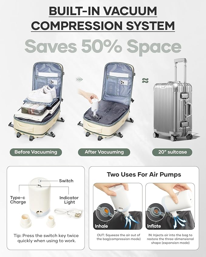 wepadre Vacuum Backpack Travel with Pump Travel Backpack with Vacuum System Easy Vac Pack Backpacks Vacpack Compression Backpacks Mochila de Viaje Compresion al Vacio Beige with green