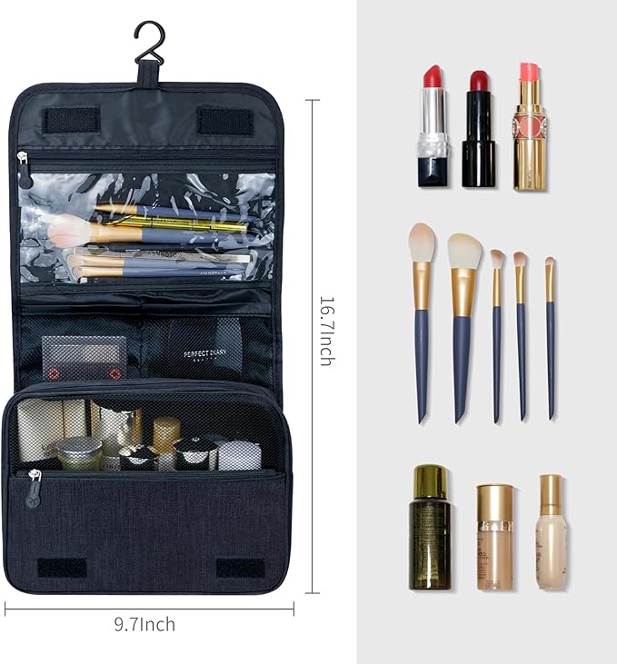 Large Capacity Toiletry Bag Travel Bag with Hanging Hook for Men and Women Waterproof Travel Cosmetic Bag Bathroom Storage Bag for Brushes Set,Full-Sized Shampoo,Toiletries,Accessories-Black