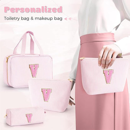 Cute Gifts Travel Toiletry Makeup Bag - Travel Cosmetic Bag for Women Yoga, Picnic, Personalized Friend Birthday Gifts with Monogram - Pink V