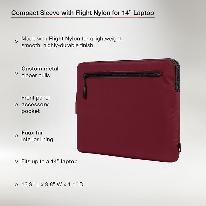 Incase Compact Laptop Sleeve with Flight Nylon - 14-inch MacBook/Laptop & iPad/Tablet Sleeve - Faux Fur Lining, Lightweight, Durable, Weather Resistant, Slip Pocket for Accessories - Cosmic Red