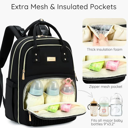 Diaper Bag Backpack - Large Multi functional, Boys, Girls & Baby Travel Essentials Tote with Changing Pad, Insulated Pockets, Stroller Straps, Waterproof - Baby Backpack for Mom & Maternity (Black)