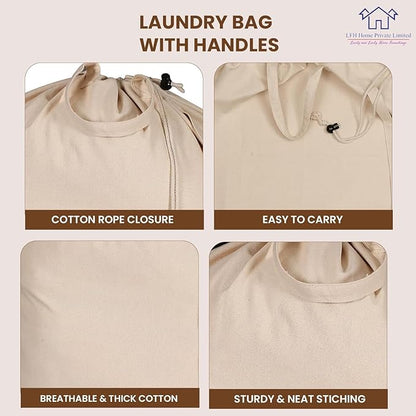 LFH Home Large Premium 100% Cotton Canvas Laundry Bag with Drawstring and Handles Heavy Duty, Multi-Use, and Washable for Home, Travel, College or Storage 24x36 (Pack of 4)-Natural
