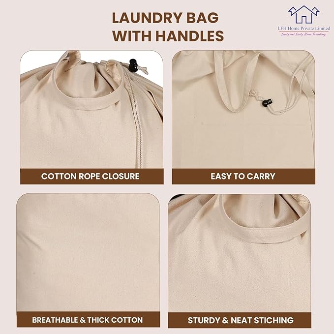 LFH Home Large Premium 100% Cotton Canvas Laundry Bag with Drawstring and Handles Heavy Duty, Multi-Use, and Washable for Home, Travel, College or Storage 24x36 (Pack of 6)-Natural
