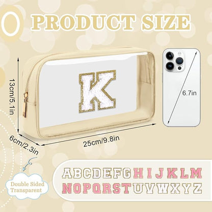 Small Clear Personalized Initial Makeup Bag,Nylon Preppy A-Z Chenille Letter Patch Cosmetic Pouch Beach Toiletry Bag,Waterproof Zipper Travel Purse Storage Bag Organizer for Women Girls(Beige-White K)