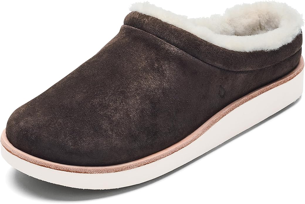 OLUKAI Mani Women's Leather Mule Slippers, Soft & Comfortable Slippers with Fleece Lining, Thick Rubber Outsole, All-Day Wear