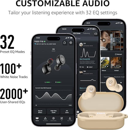 TOZO T10 Wireless Earbuds Bluetooth 5.3 Headphones, App Customize EQ, Ergonomic Design, 55H Playtime, Wireless Charging Case, IPX8 Waterproof Sound in-Ear Headset, New Version