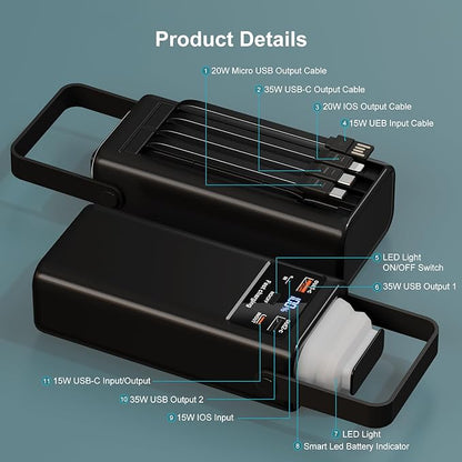 Power Bank 52800mAh PD 35W High Capacity Battery Pack with Built-in 4 Cables & LED Flashlight - 8 Port Portable Charger for Travel, Outdoor, and Multiple Device Charging