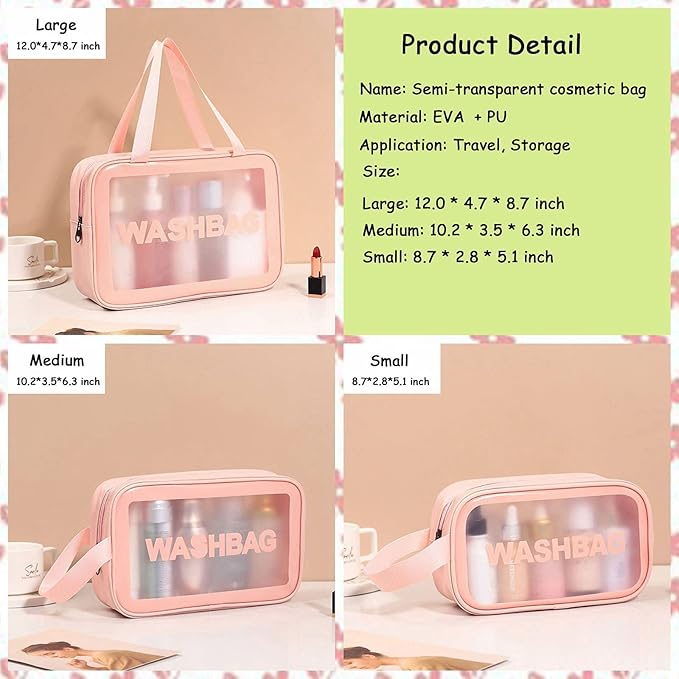 Clear Travel Bags for Toiletries, 3Pcs Portable PVC Waterproof Cosmetic Bags, Transparent Travel Storage Carry Pouch, Toiletry Bags and Cosmetics Organizer for Women Men (Pink)