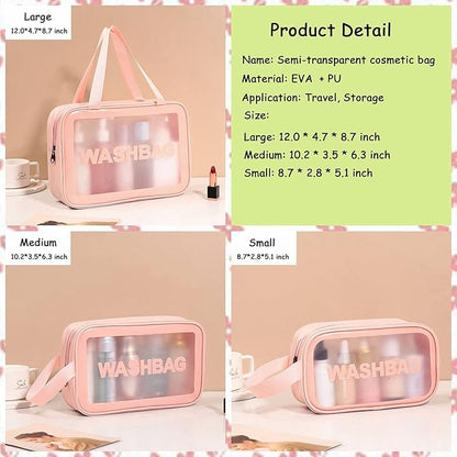 Clear Travel Bags for Toiletries, 3Pcs Portable PVC Waterproof Cosmetic Bags, Transparent Travel Storage Carry Pouch, Toiletry Bags and Cosmetics Organizer for Women Men (Pink)